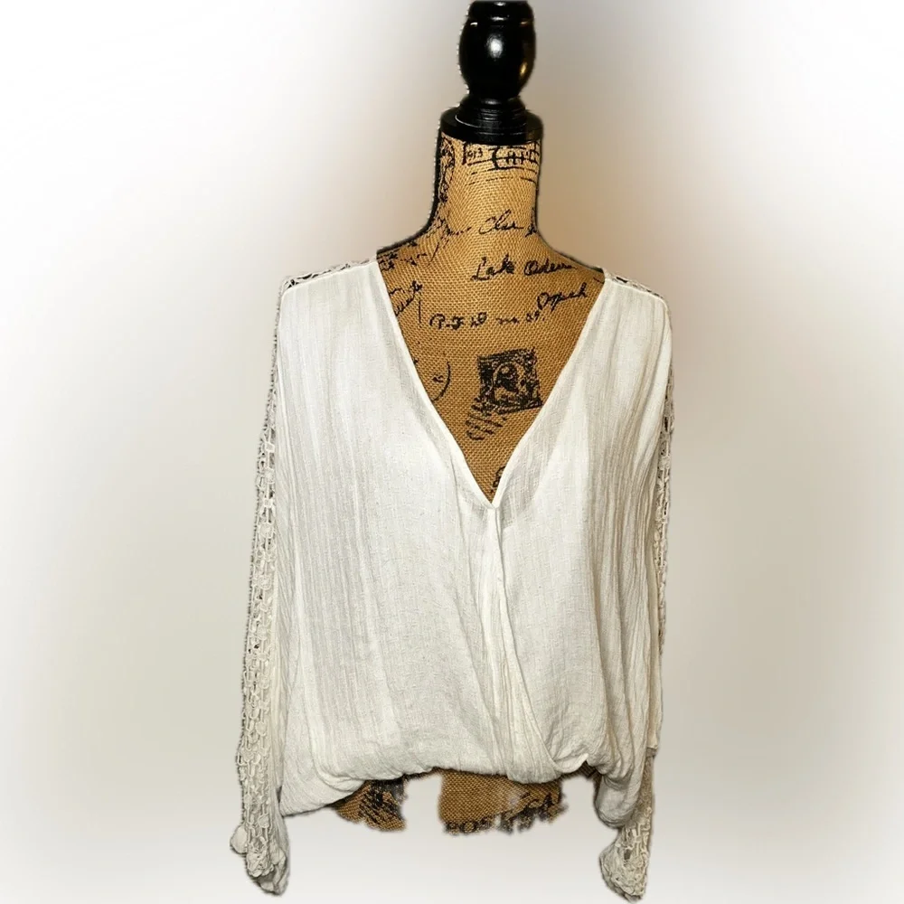 Free People Runaway Crochet Long Sleeve Billowy Gauze Deep V Cottagecore Top L